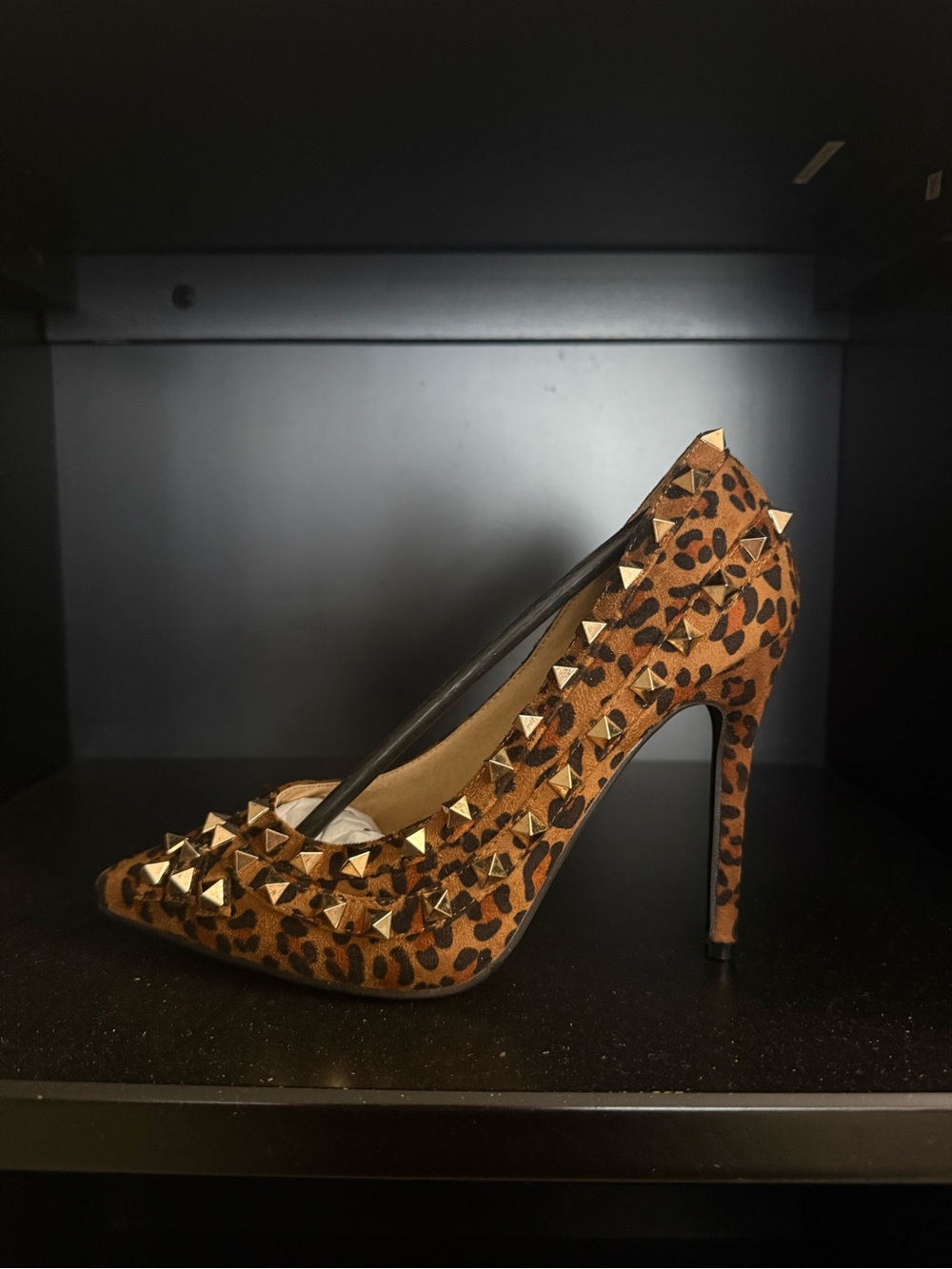 Leopard Print Pointed Stiletto with Gold Pyramid Studs